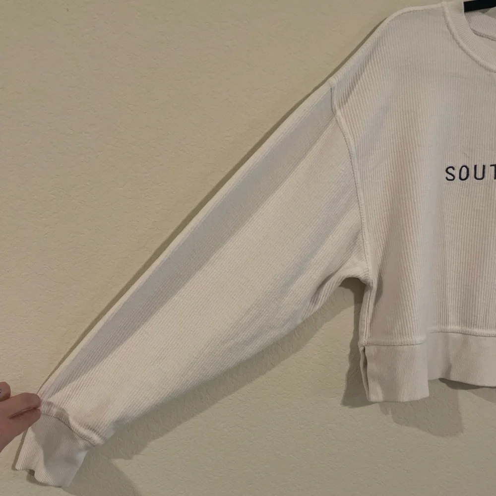 Chicka-D Women’s Cropped Sweatshirt Small White Rib Knit 100% Cotton Oversized